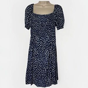 New ROXY Hello Petal Blue Indigo Smocked Mini Dress Sz M Ditsy Dot Peasant NWOT